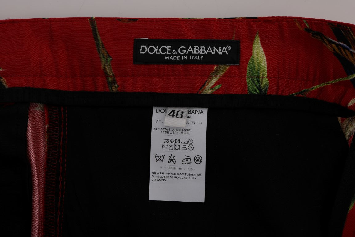 Black and red patterned garment with white tag