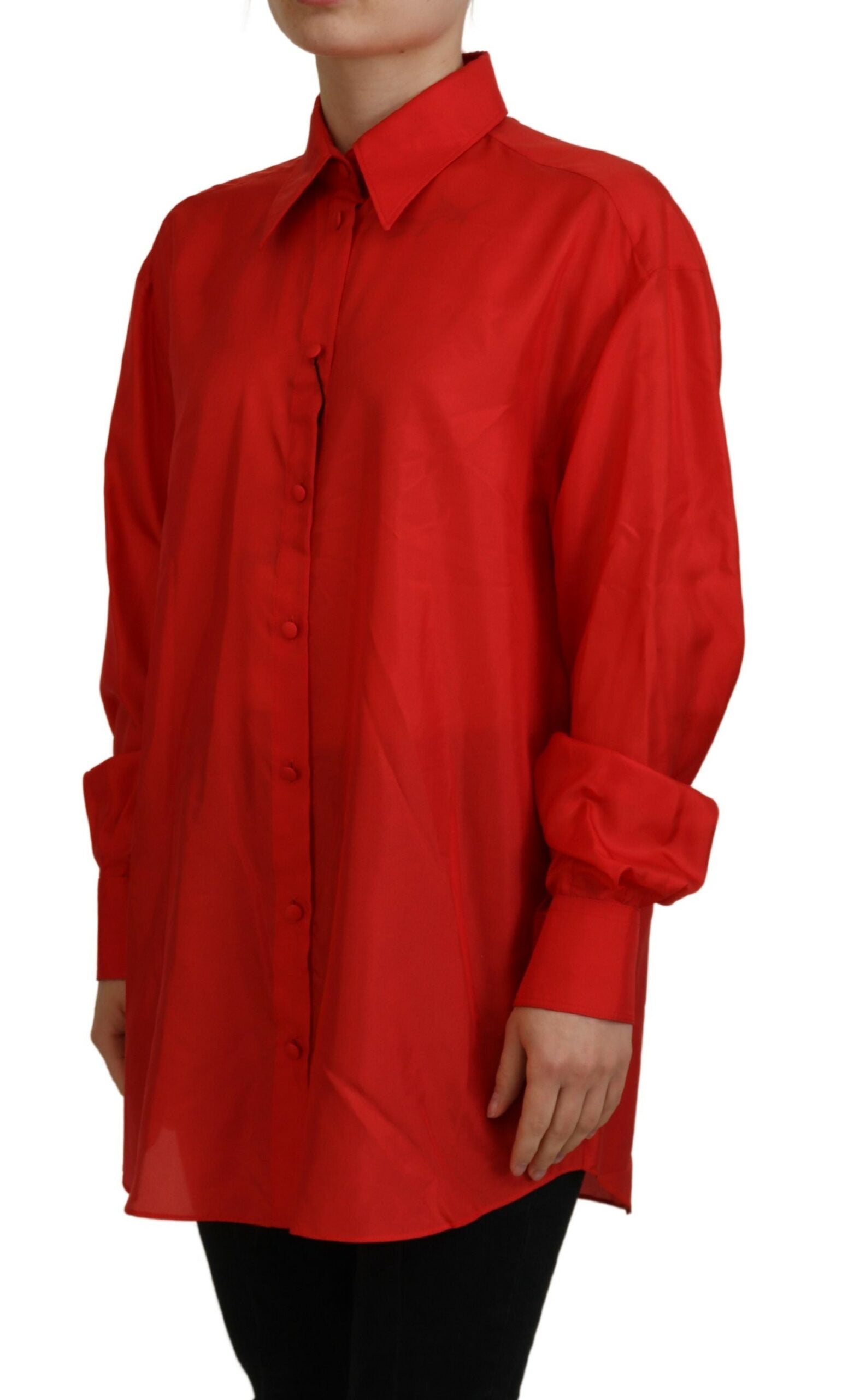 A red silk collared long sleeve dress shirt top