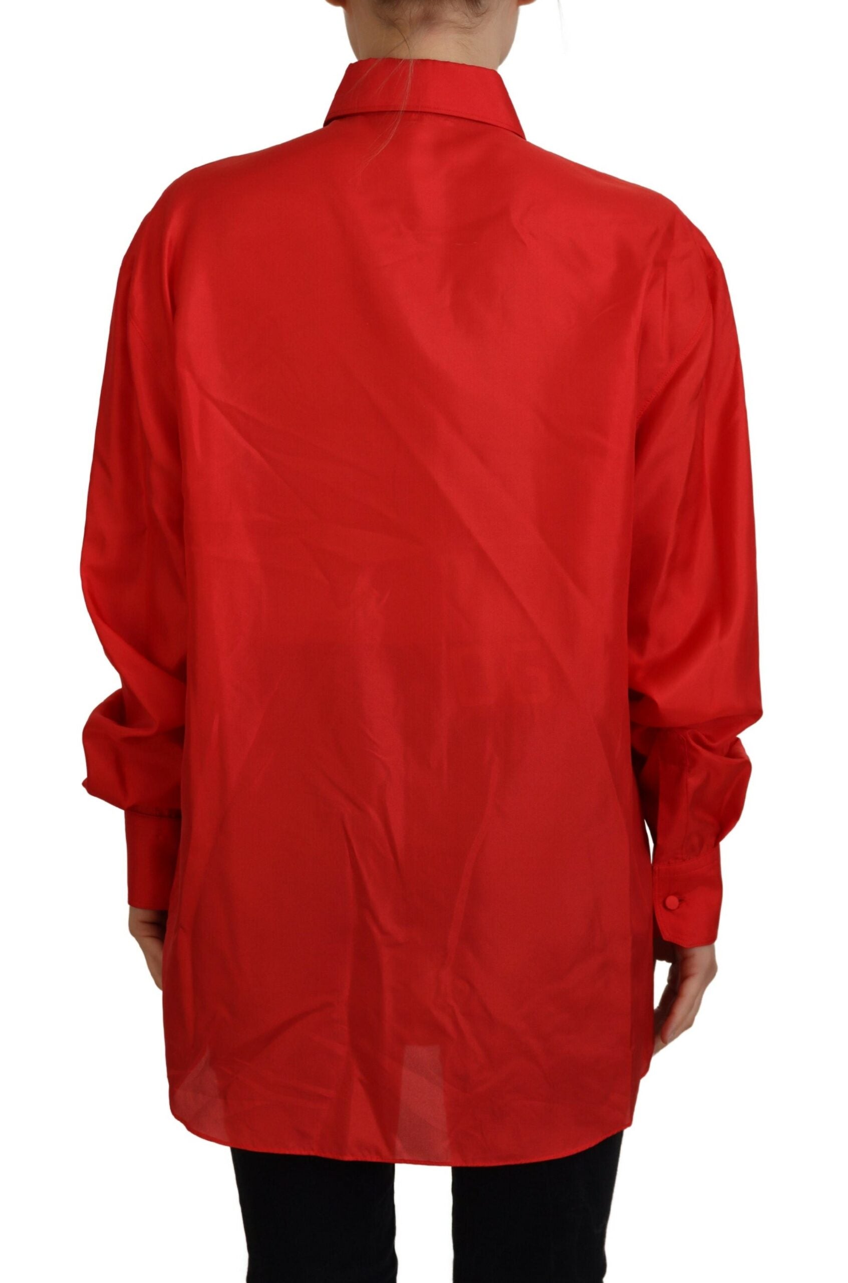 A red silk collared long sleeve dress shirt top