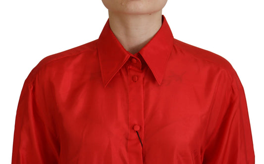 A red silk collared long sleeve dress shirt top