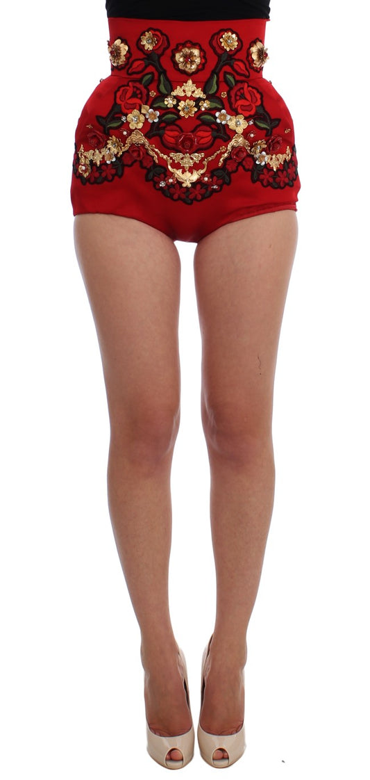 Short red dress with floral pattern on bodice