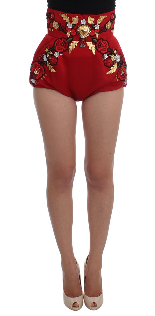 Red shorts with floral pattern on waistband