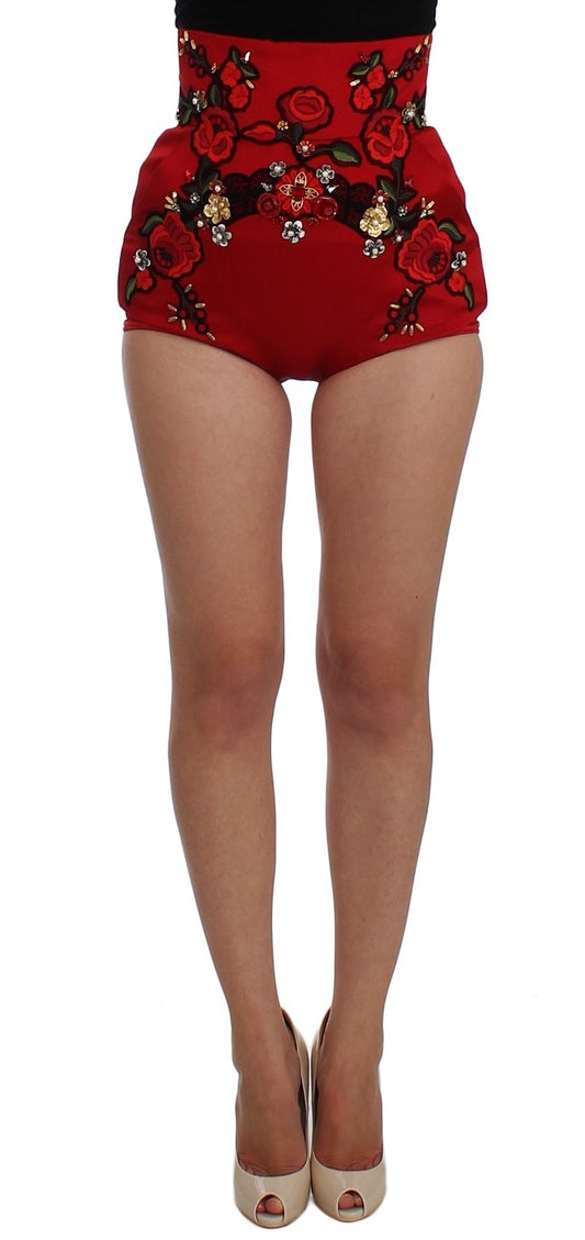 Red floral patterned shorts with black belt