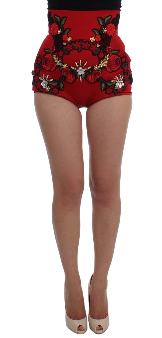 Red floral embellished shorts with high waist