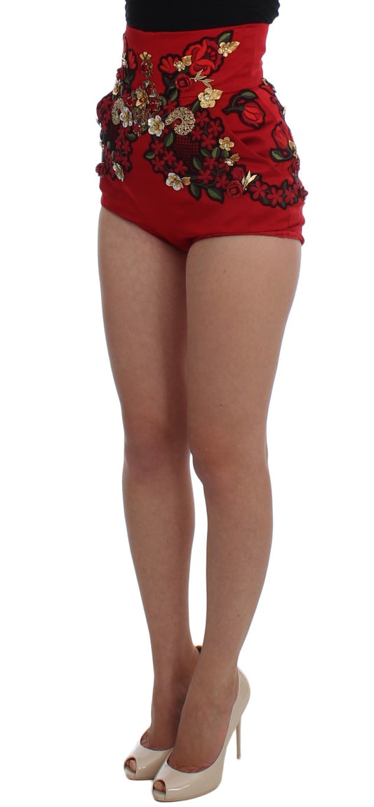 Short red dress with floral pattern on waistband
