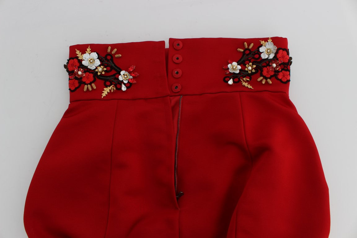 Red embroidered skirt with white flowers