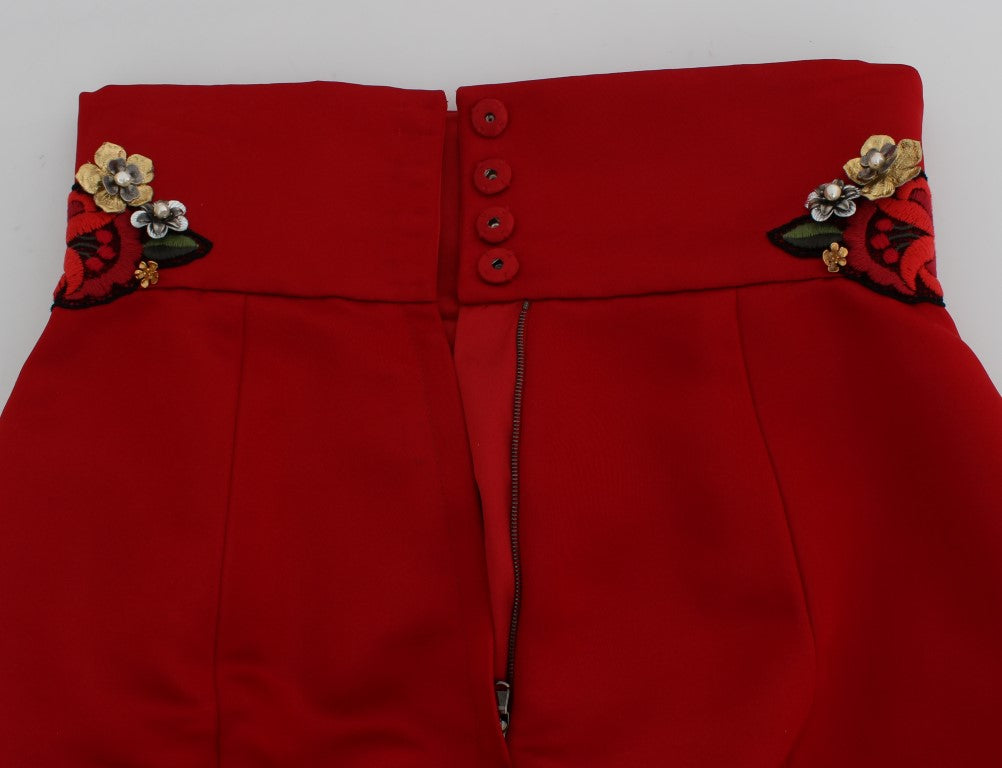 Red embroidered skirt with zippered front