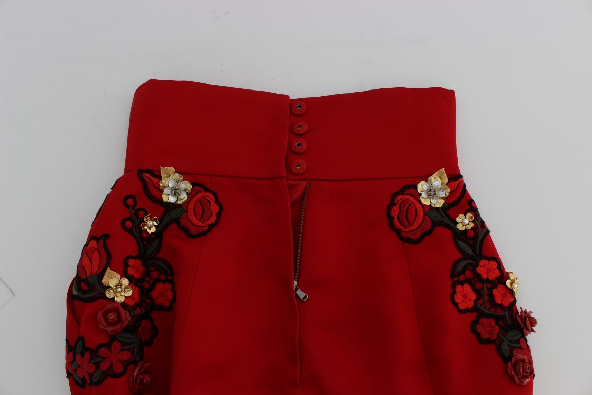 Red embroidered skirt with buttons and lace detailing