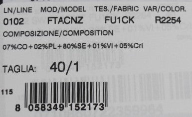 A product label with various details such as model number, fabric type, color code, composition information