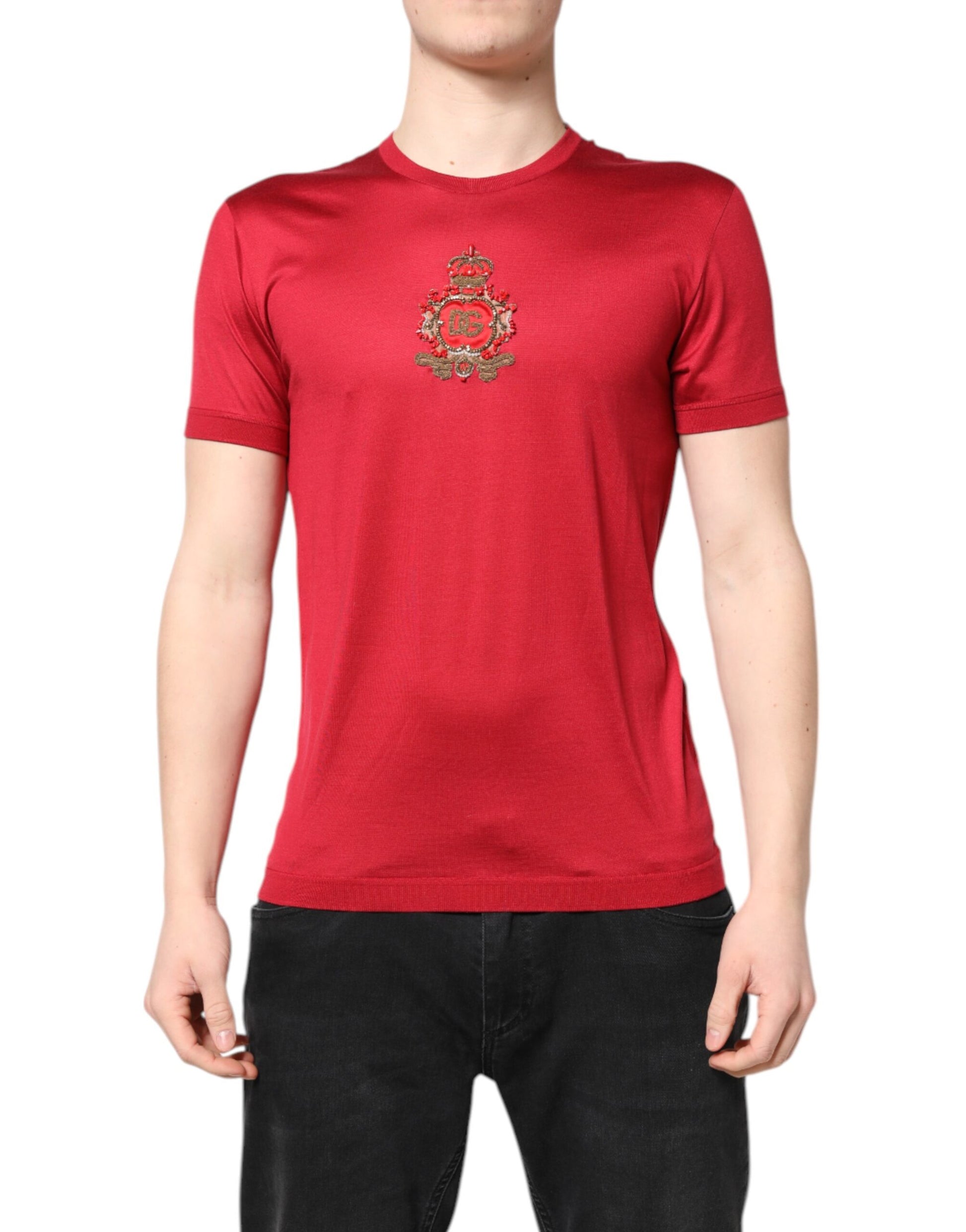 Red short sleeve shirt with embroidered emblem on front