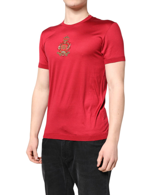 Red short sleeve t-shirt with embroidered emblem on chest