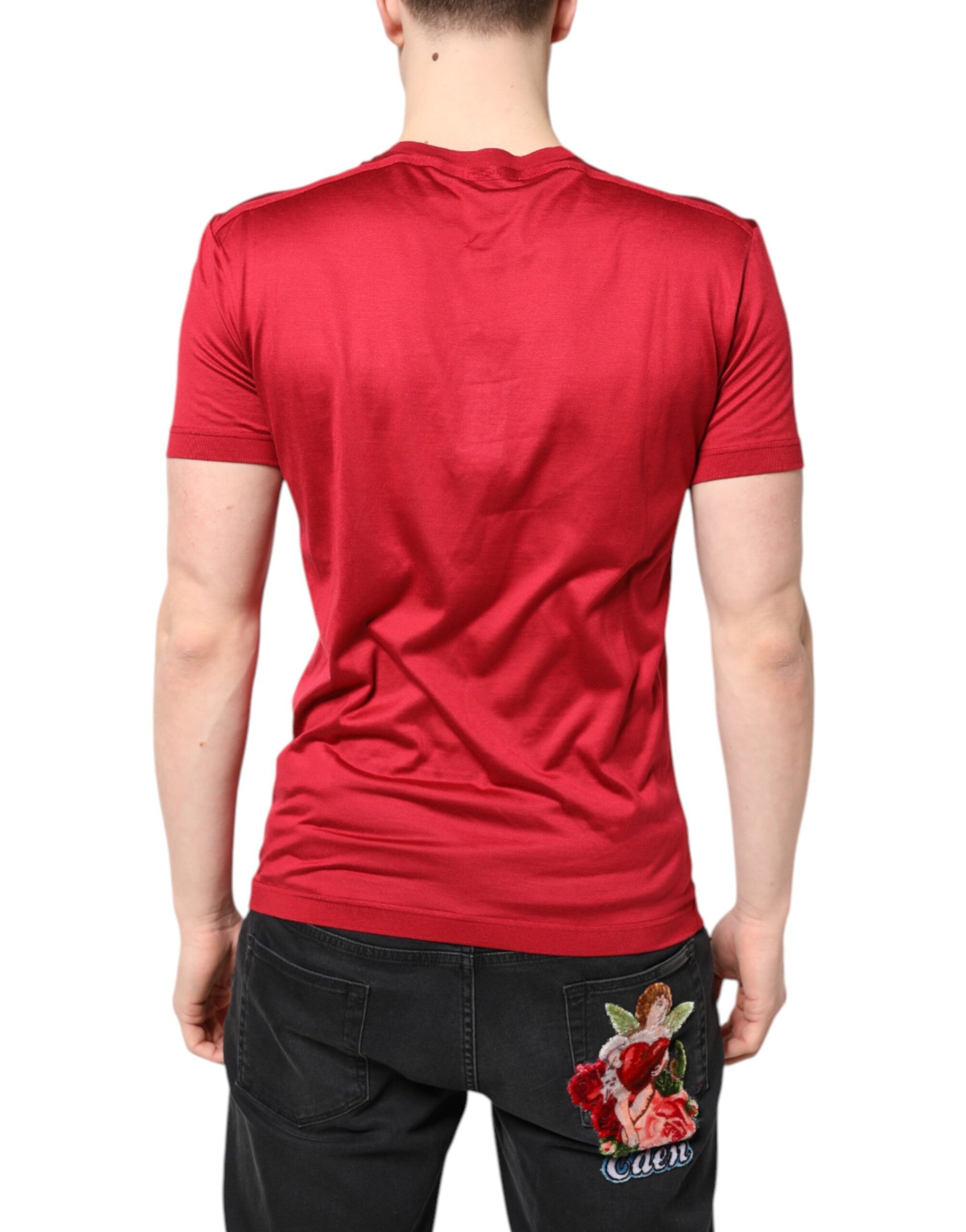 Red short sleeve shirt on a person