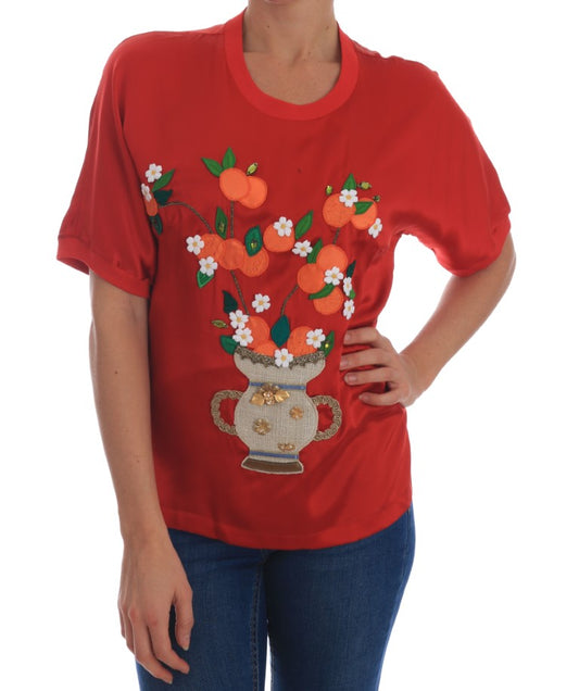 Red shirt with embroidered flowers on front