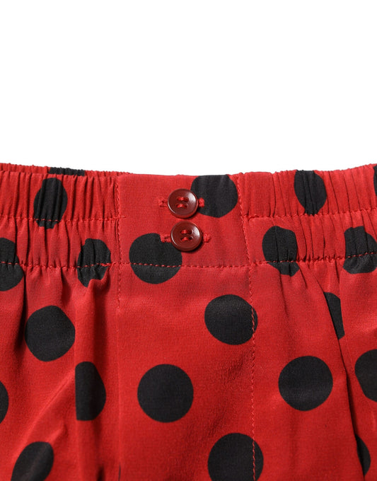 Red polka dot pants with buttons on waistband