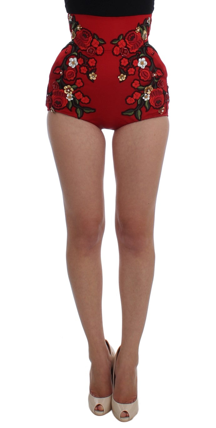 Red shorts with floral pattern on a model