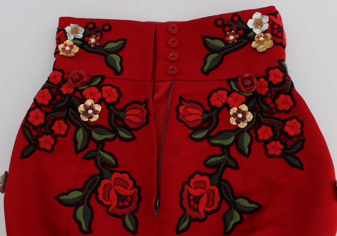 Red embroidered skirt with floral pattern