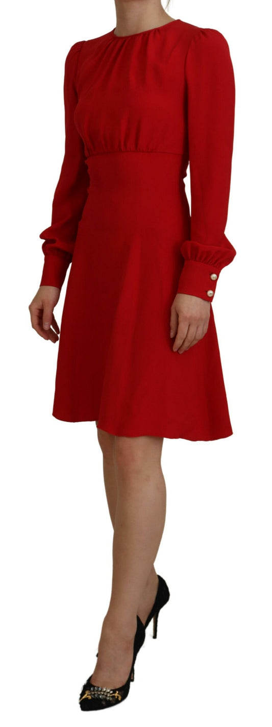 A red silk sheath dress with ruffled sleeves. It is an A-line knee length dress from the brand Dolce & Gabban