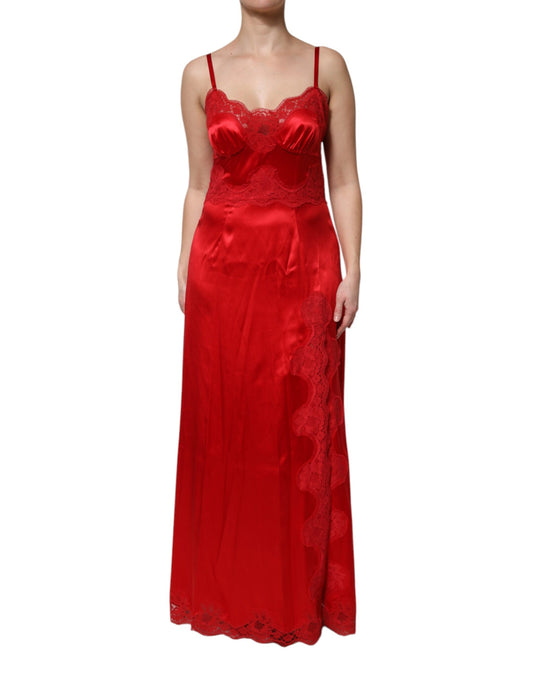 A red silk sleeveless maxi long dress with lace detailing