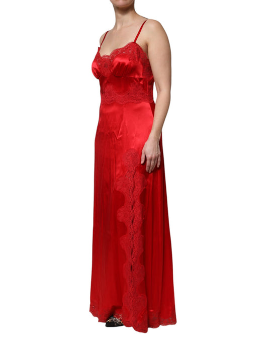 A red silk sleeveless maxi dress with lace detailing