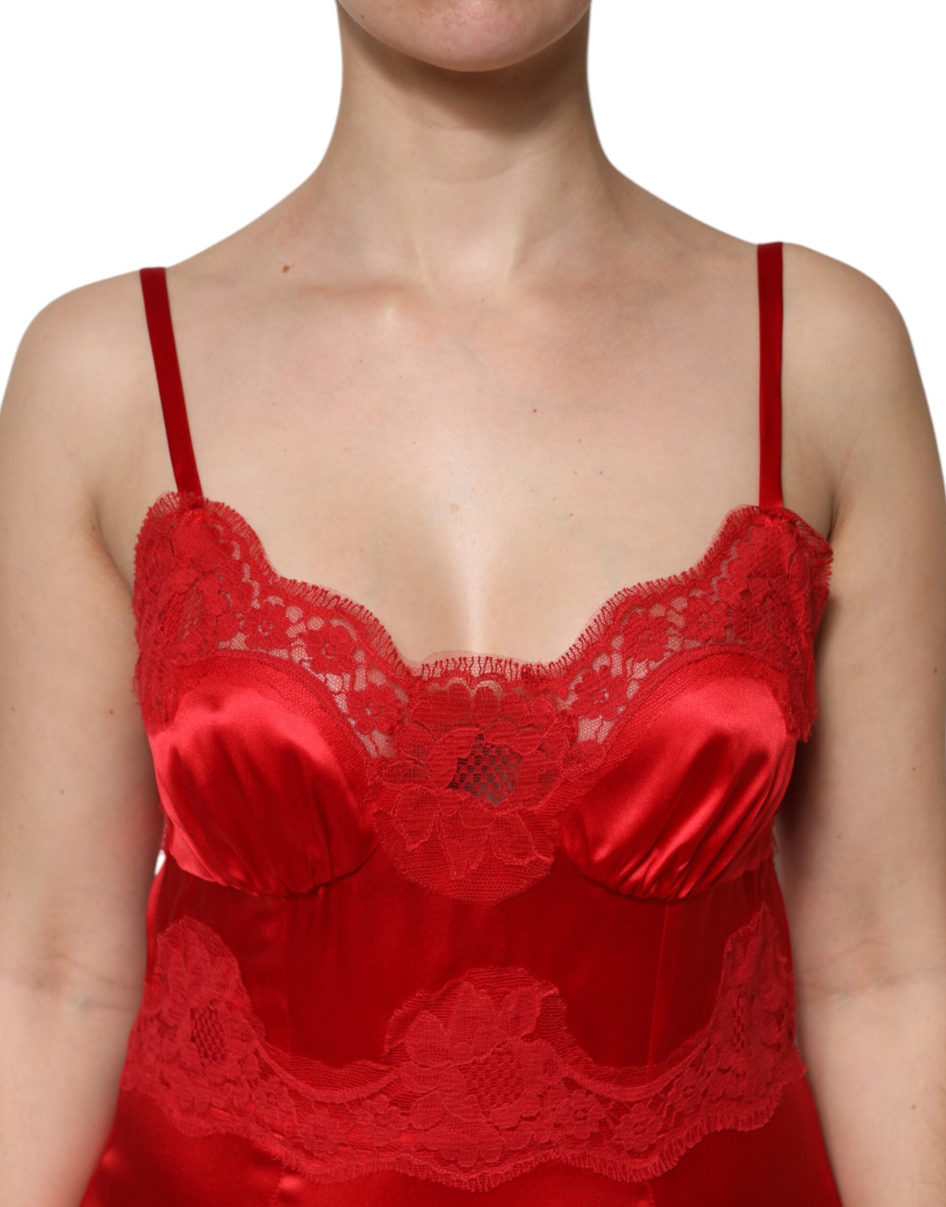 A red silk sleeveless maxi dress with lace detailing