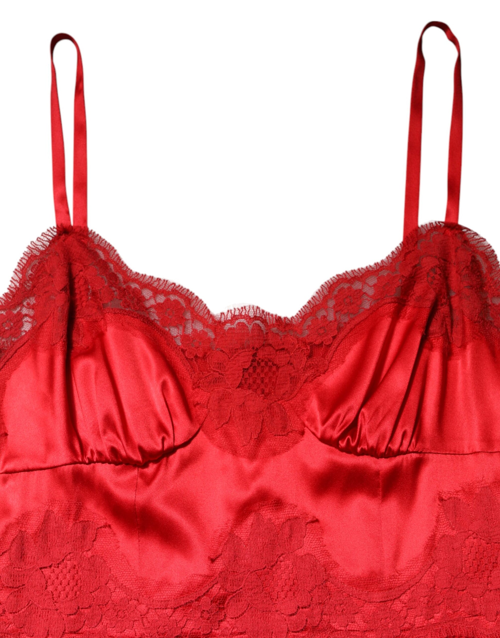 Red silk sleeveless maxi dress with lace trim and ruffled neckline