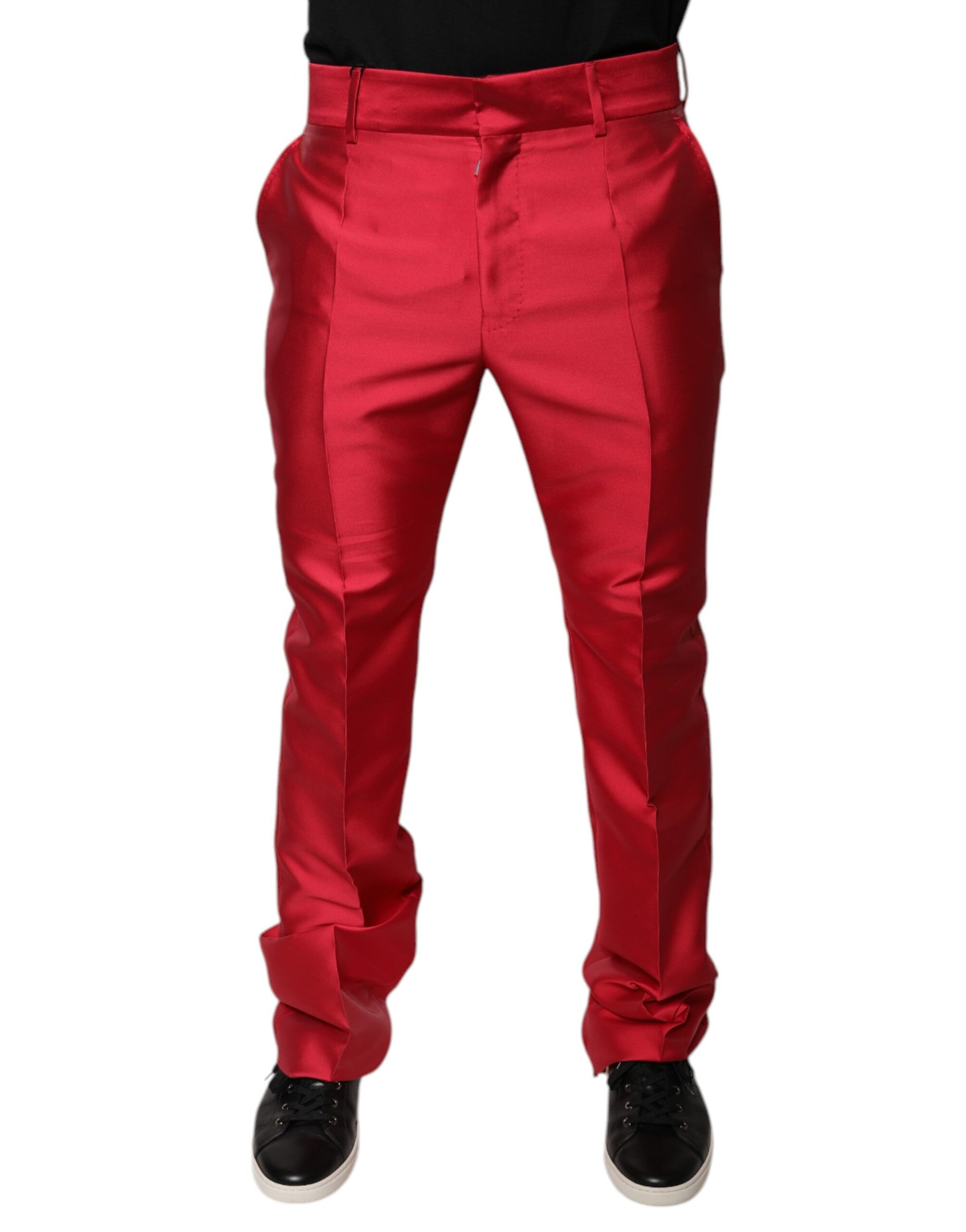 A pair of red silk slim fit mid waist dress pants