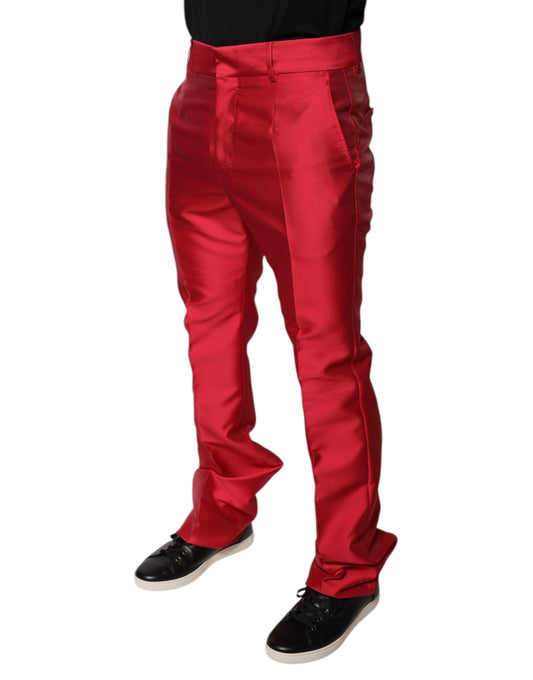 A pair of red silk slim fit mid waist dress pants