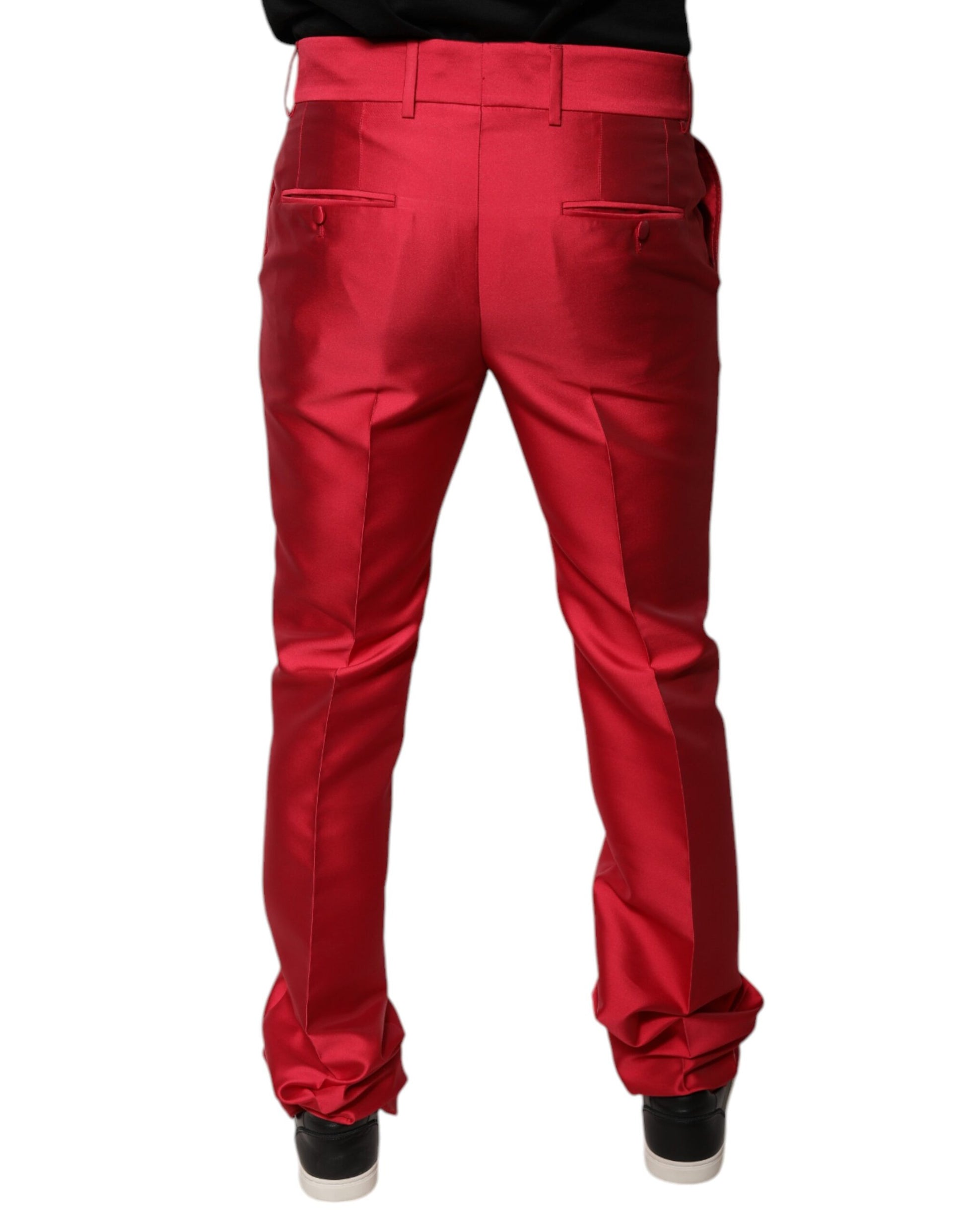 Red silk slim fit mid waist dress pants with pockets