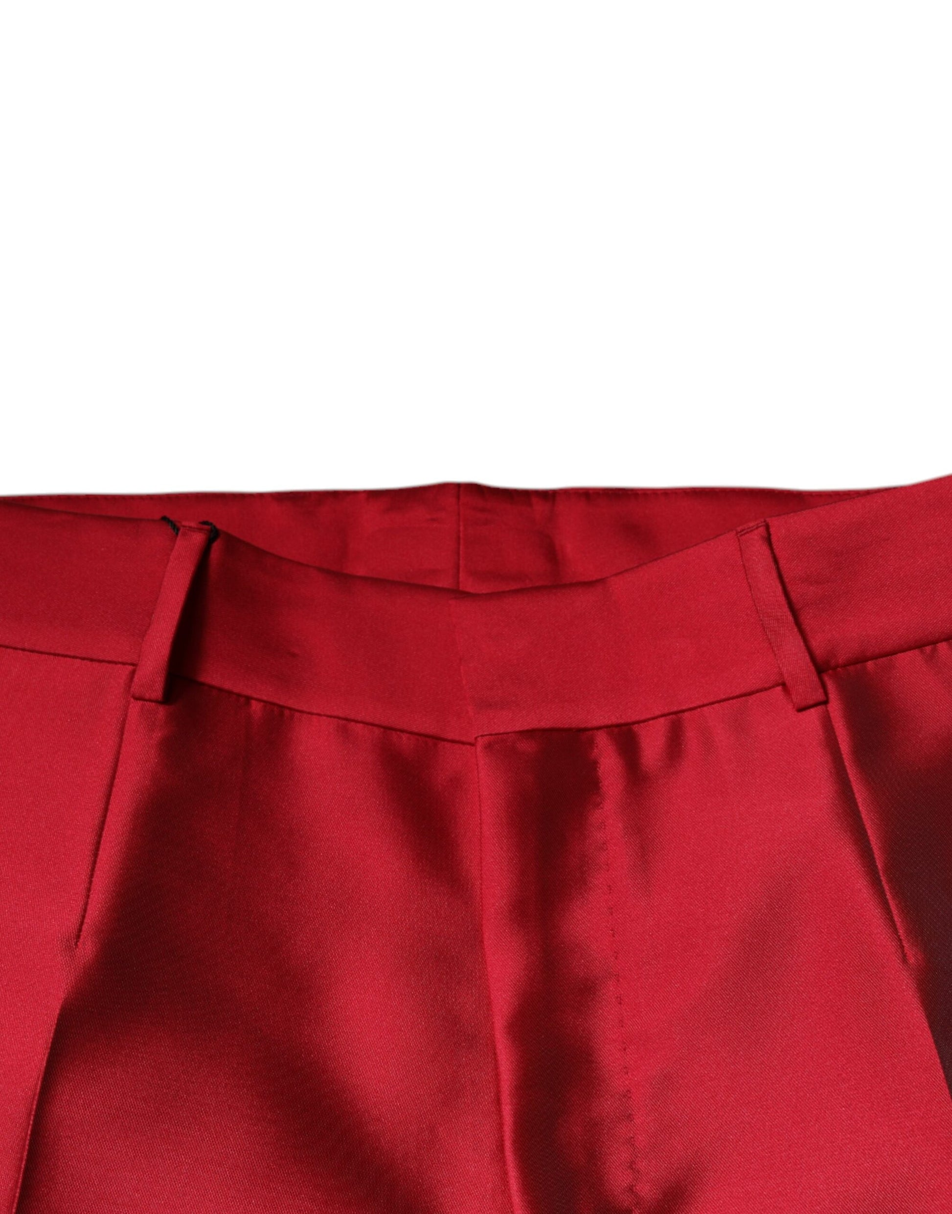 A pair of red silk slim fit mid waist dress pants