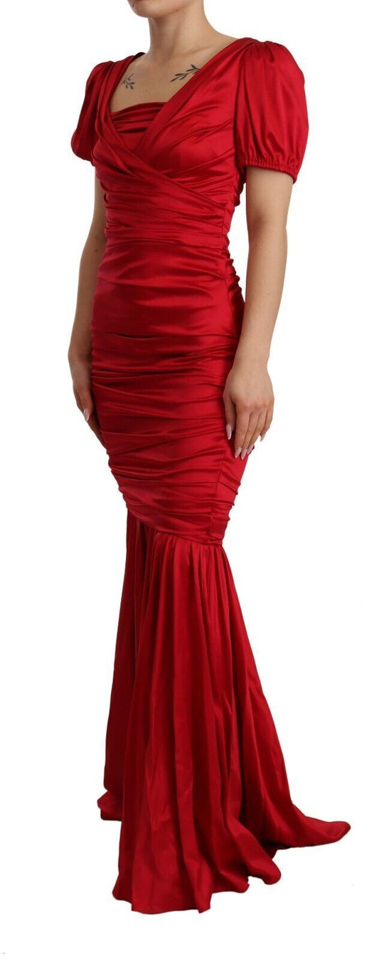 A red silk stretch sheath mermaid gown dress with ruffles