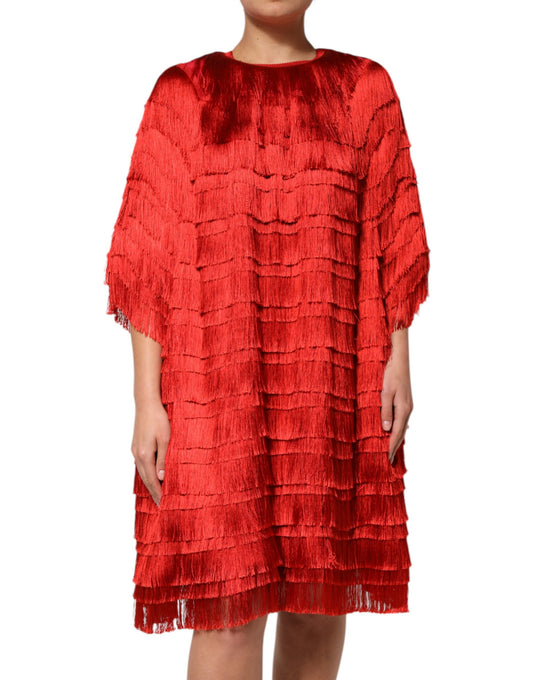 A red silk tiers fringe shift knee length dress from Dolce & Gabbana
