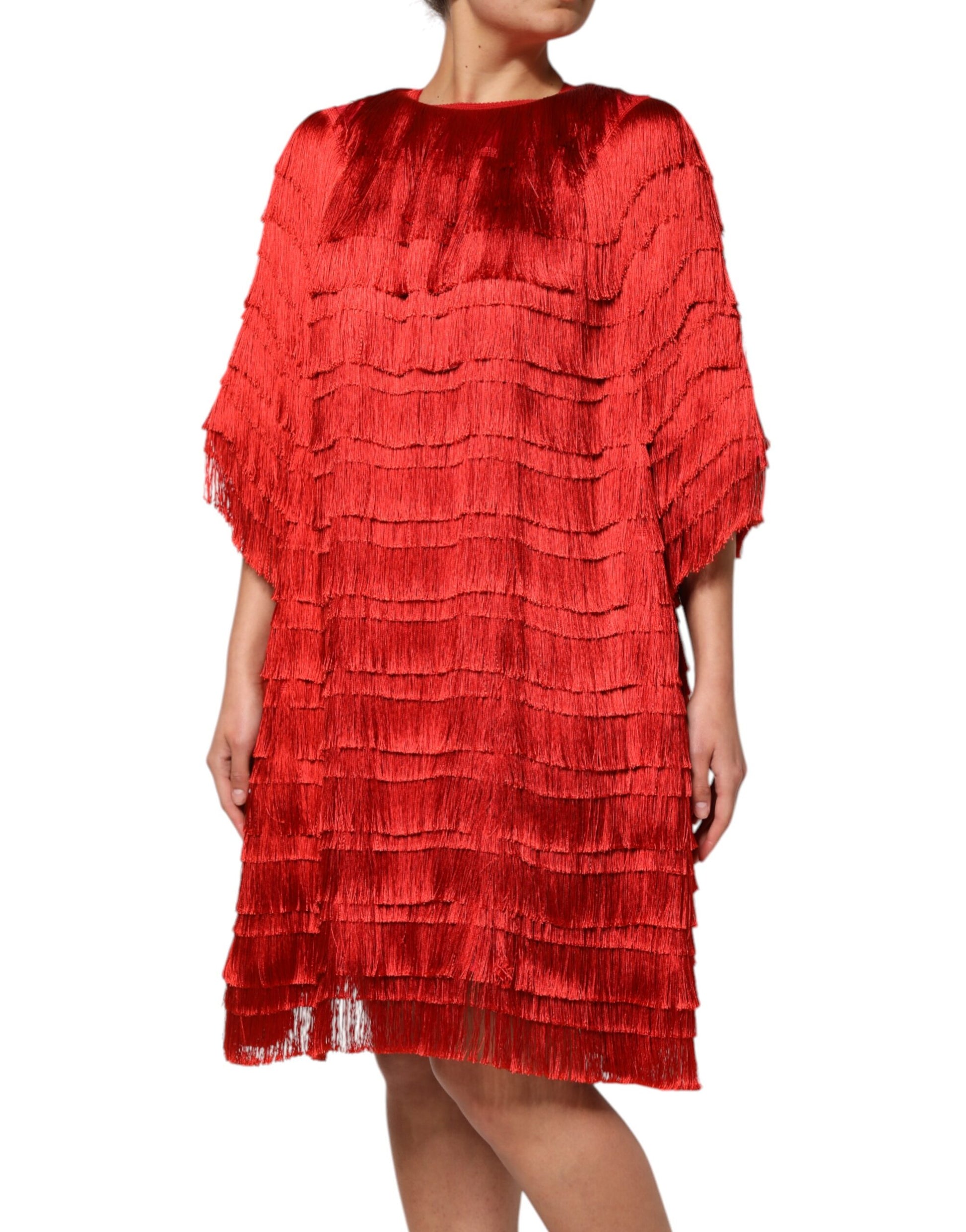 A red silk tiers fringe shift knee length dress by Dolce & Gabbana