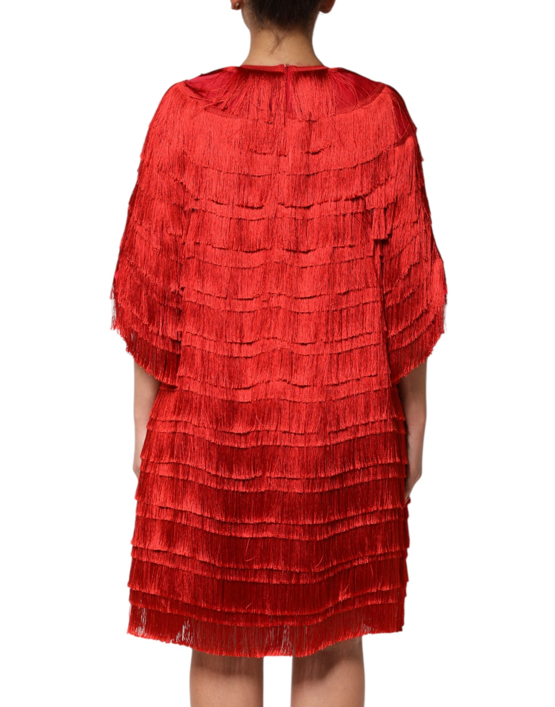 A red silk tiers fringe shift knee length dress from Dolce & Gabbana