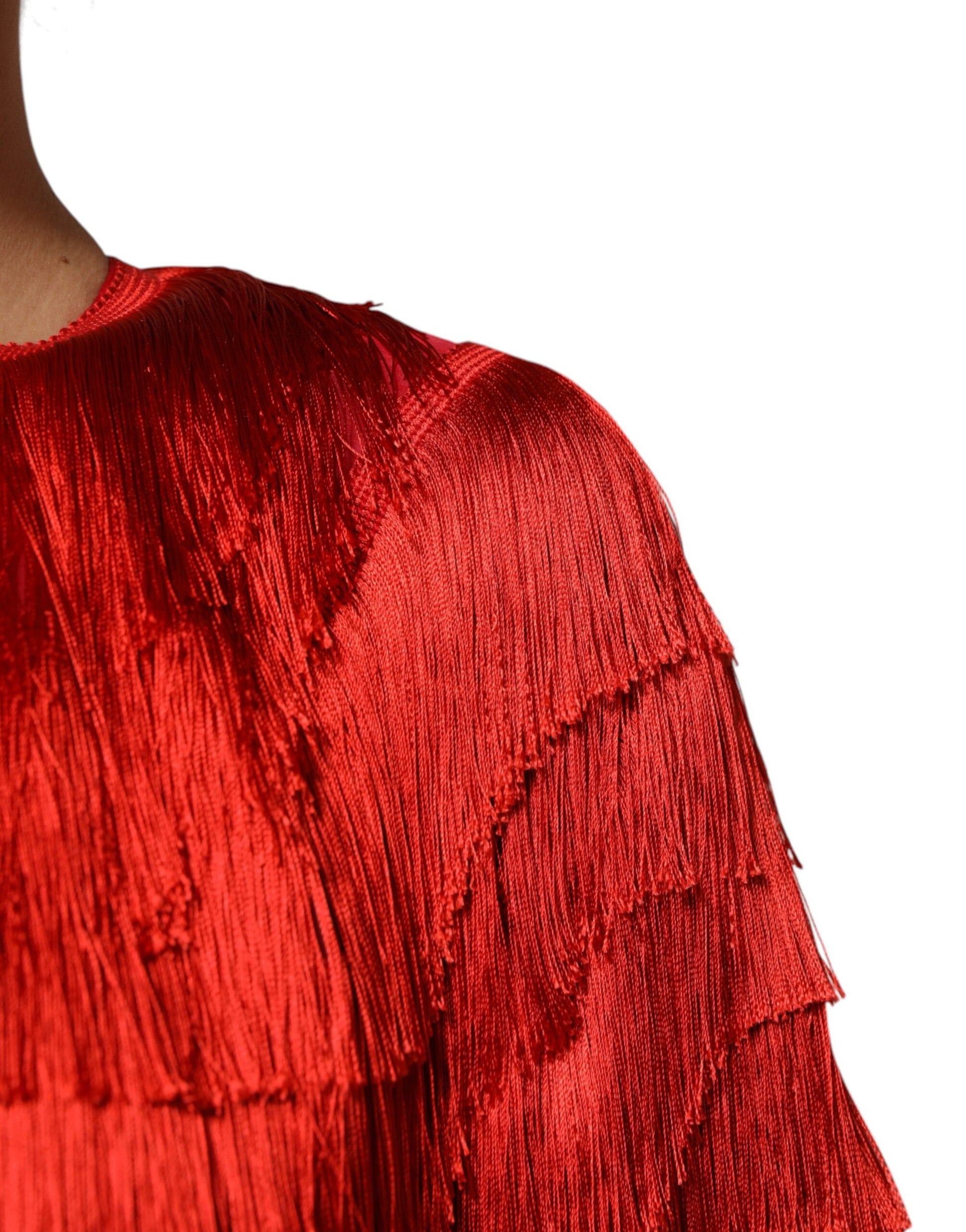 A red silk tiers fringe shift knee length dress from Dolce & Gabbana