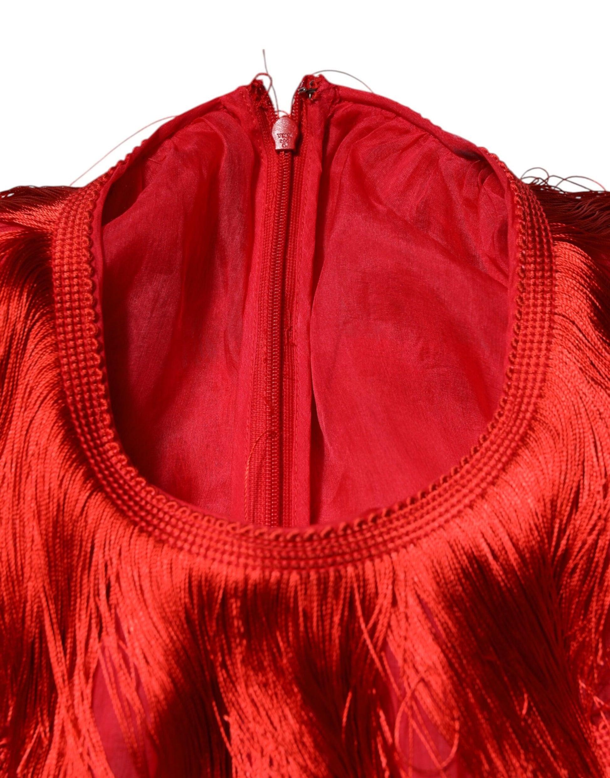 Red silk tiers fringe shift knee length dress