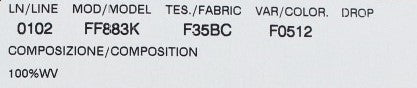 A label on a product. It includes information such as model number, color code, fabric type, and other detail