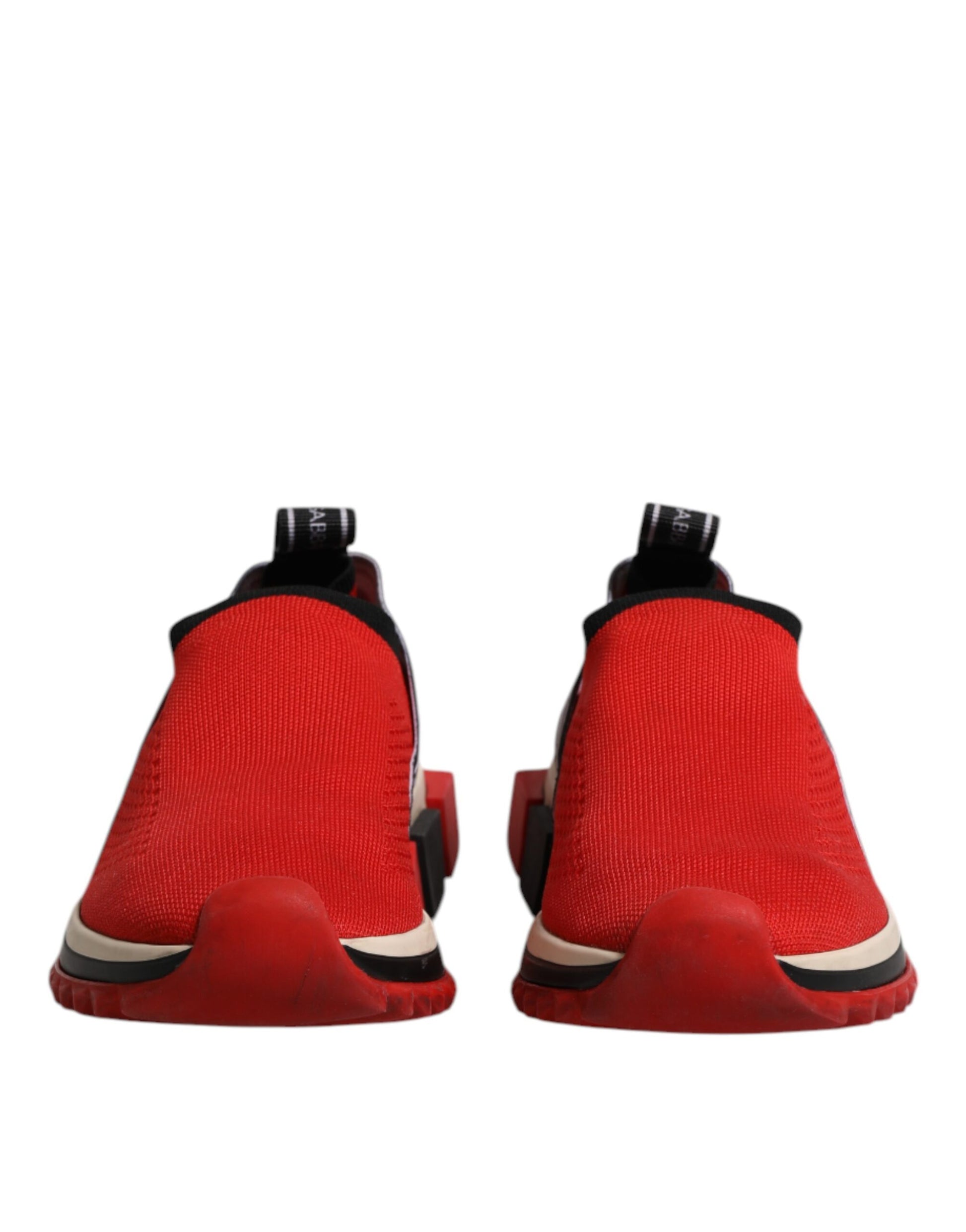 Pair of red slip-on shoes with white stripe detailing
