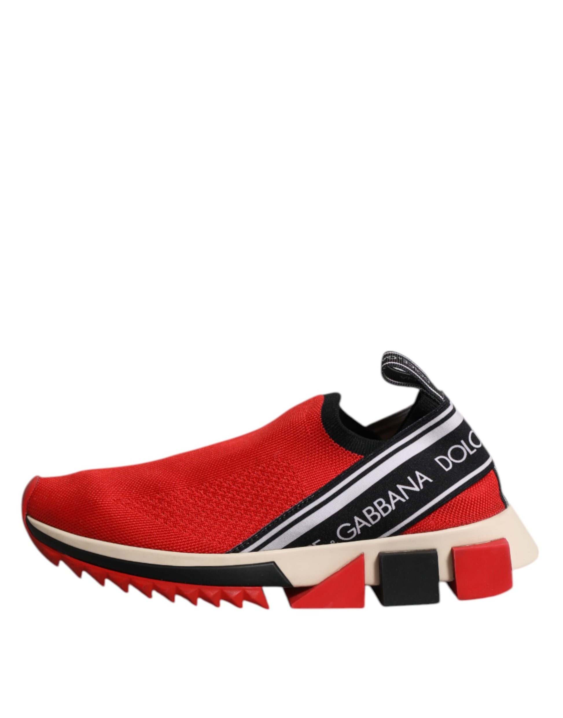 Red slip-on shoes with white logo and black sole