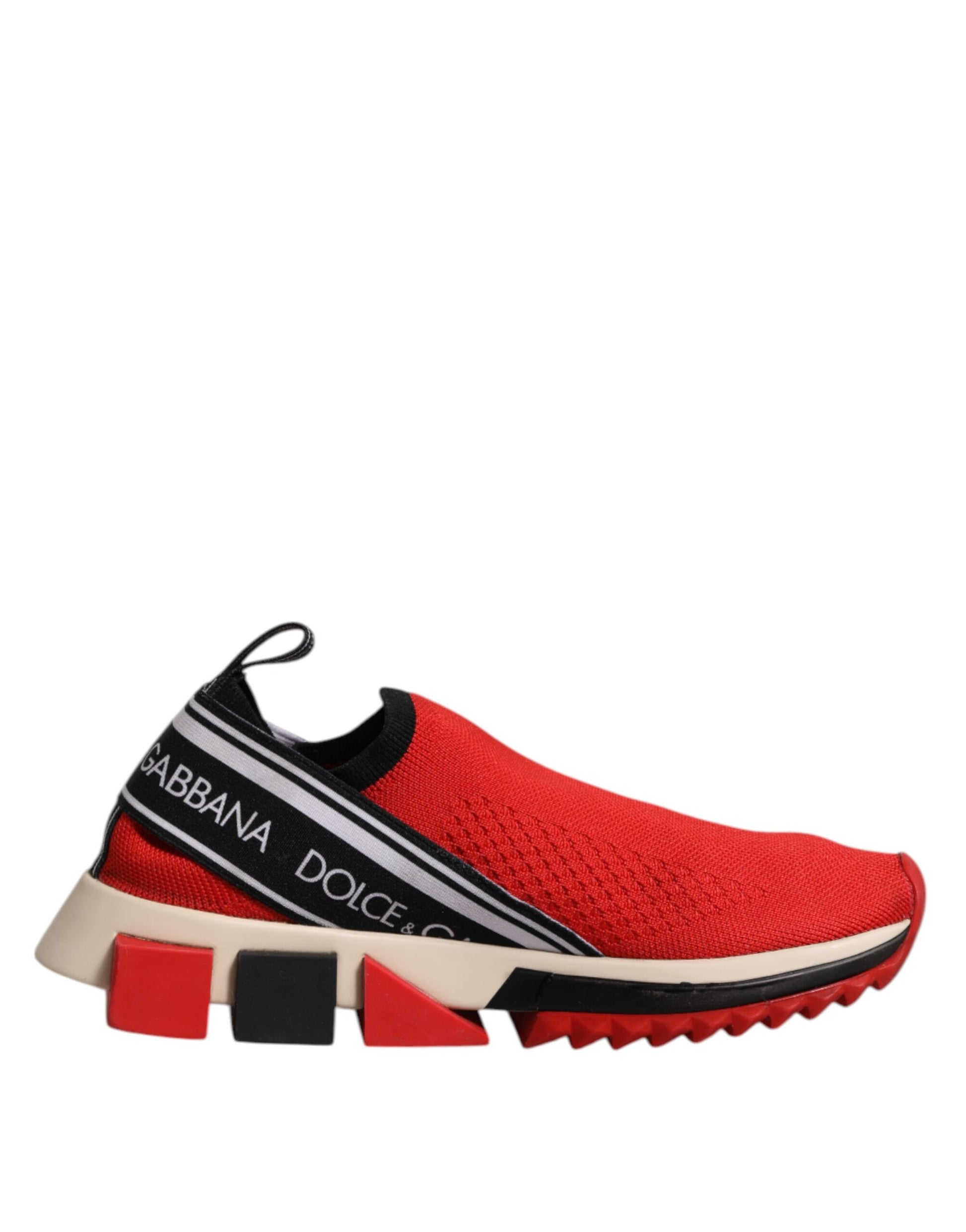 Red slip-on shoes with white soles and black laces, featuring the Dolce & Gabbana logo