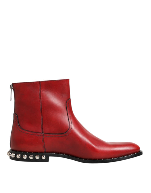 Red leather boot with silver studs on heel