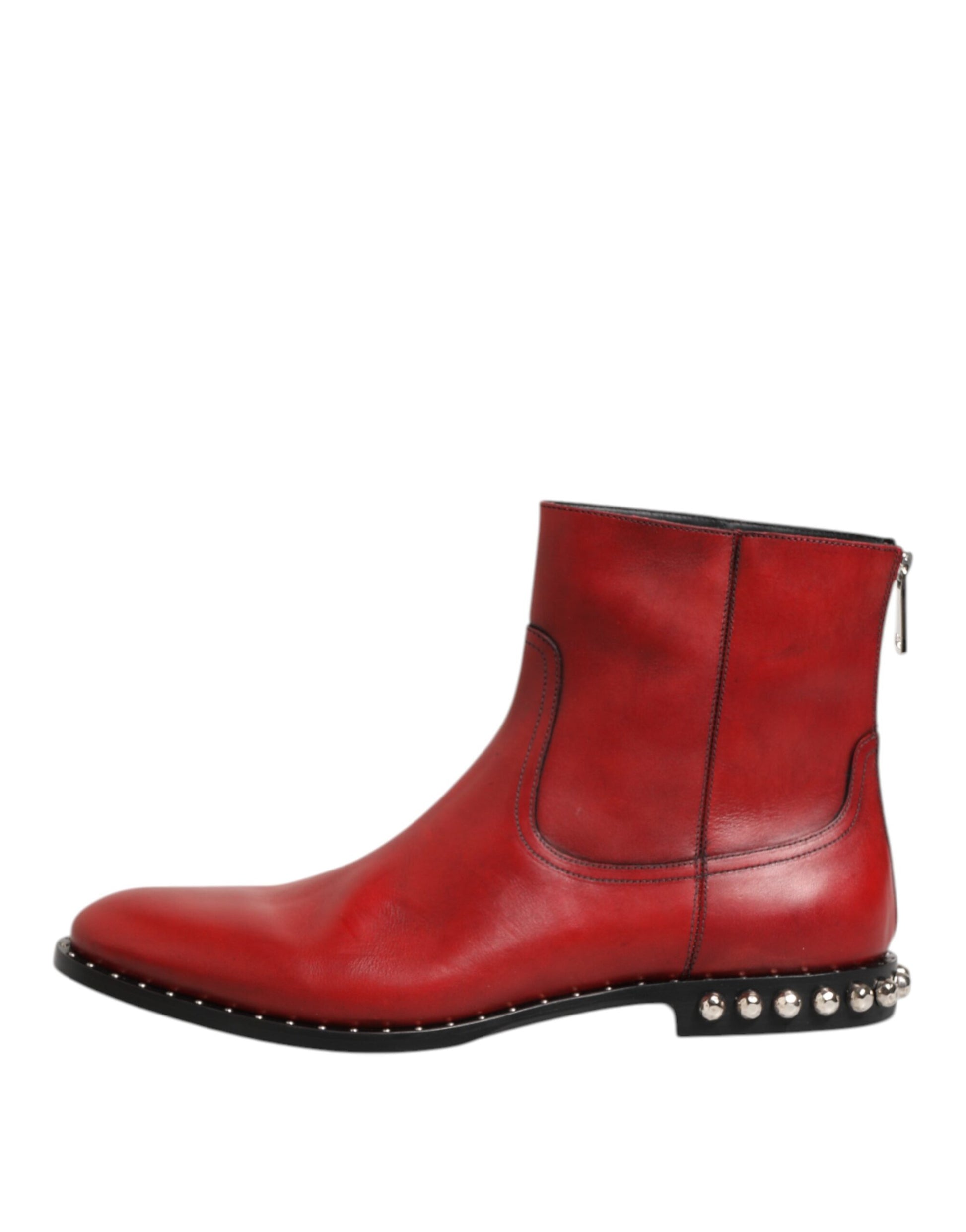 Red leather boot with silver studs on heel