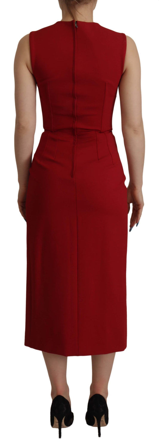A red midi dress with a sweetheart neckline and body-skimming fit