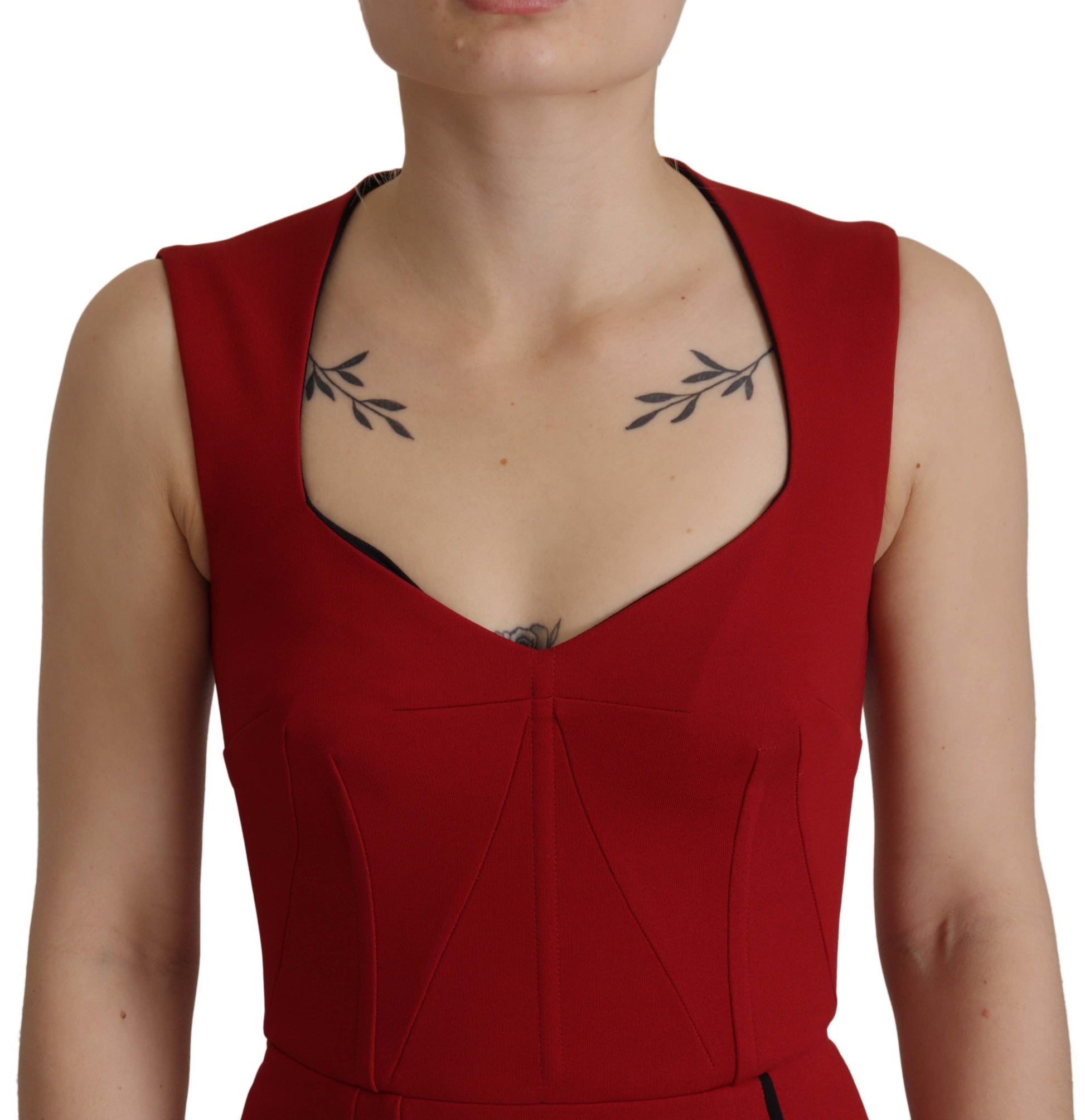 A red midi dress with a sweetheart neckline and body-hugging design