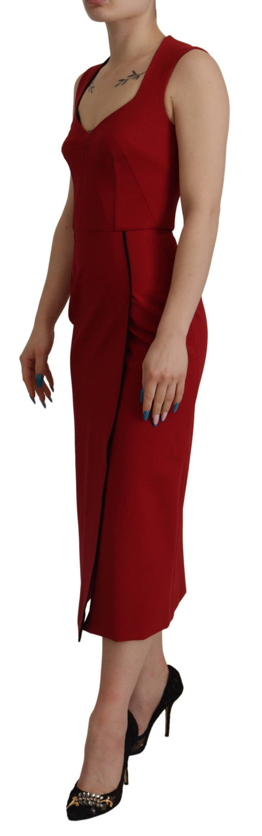 A red midi dress with a sweetheart neckline and body-skimming design, featuring a fitted waist and long sleeves