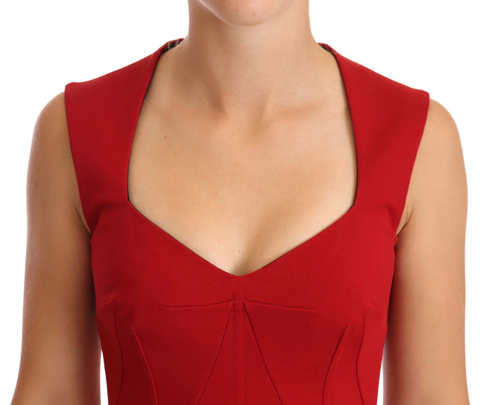 A red sleeveless midi dress with a sweetheart neckline and stretch fabric