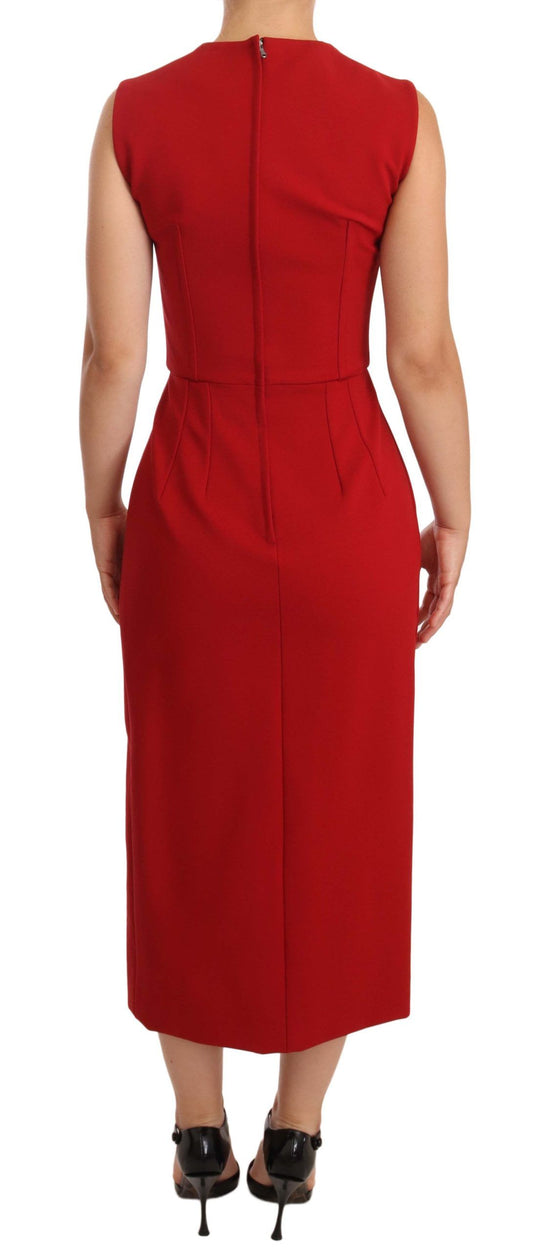 A red sleeveless midi dress with a sweetheart neckline and stretch fabric