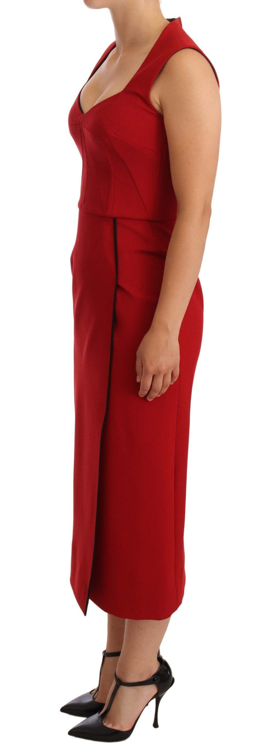 A red sleeveless midi dress with a sweetheart neckline and stretch fabric