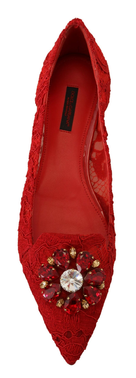 Red high heel shoe with embellishments on toe and ankle