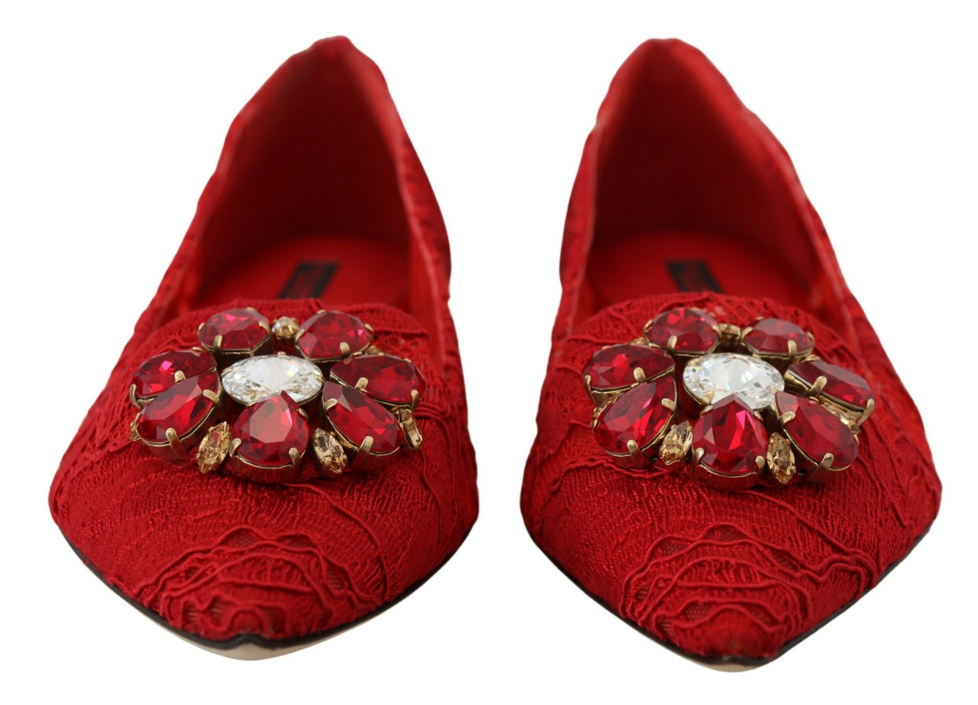 Red velvet shoes with embellishments and lace trim