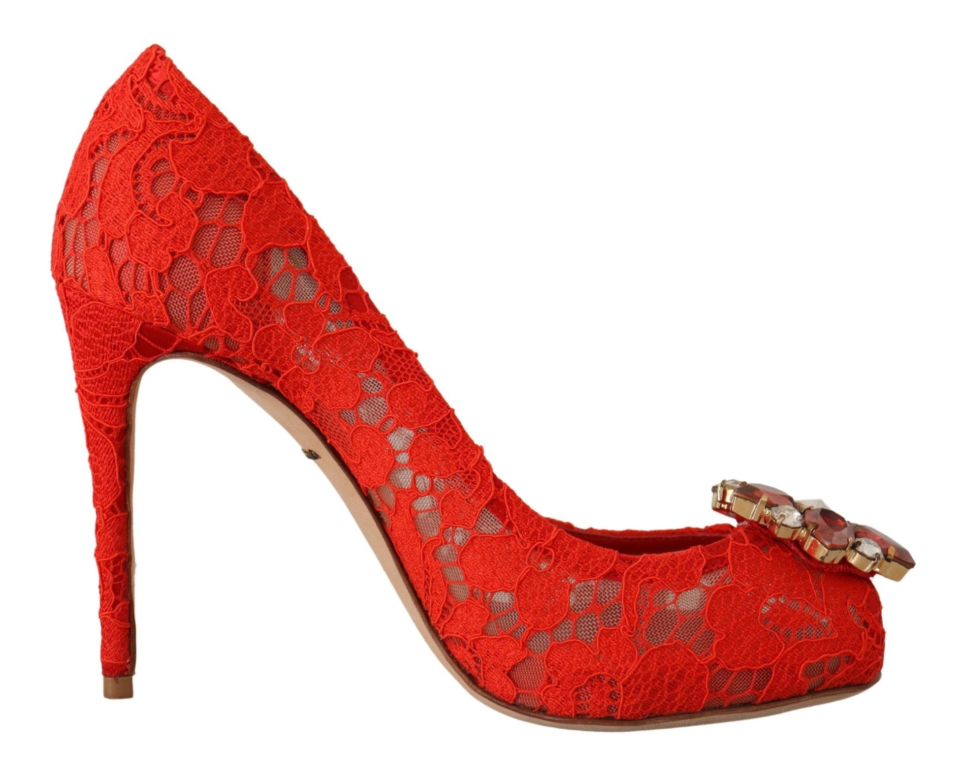 Red lace up high heel shoe with gold accents